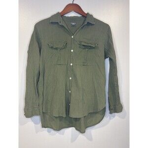 Aerie Crinkle Gauze Button-Up Shirt Size Small Army Green Cotton Long Sleeve